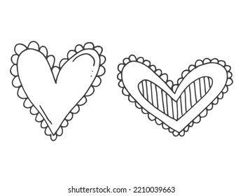 Big set of cute hand-drawn doodle elements about love. Message stickers for apps. Icons for Valentines Day, romantic events and wedding. Hearts with stripes and edging.