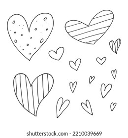 Big set of cute hand-drawn doodle elements about love. Message stickers for apps. Icons for Valentines Day, romantic events and wedding. Hearts with stripes and texture.