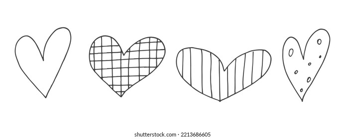 Gran conjunto de adorables elementos de doodle dibujados a mano sobre el amor. Etiquetas de mensajes para aplicaciones. Iconos para el Día de San Valentín, eventos románticos y bodas. Corazones con rayas y textura.