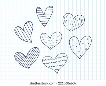 Big set of cute hand-drawn doodle elements about love. Message stickers for apps. Icons for Valentines Day, romantic events and wedding. A checkered notebook. Hearts with stripes and texture.