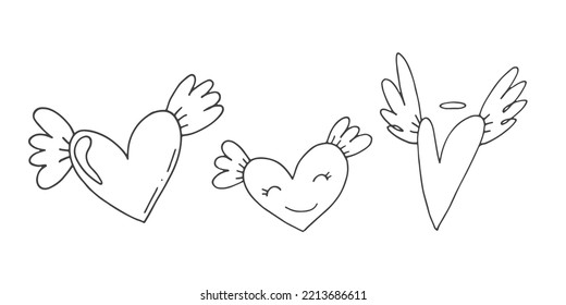 Gran conjunto de adorables elementos de doodle dibujados a mano sobre el amor. Etiquetas de mensajes para aplicaciones. Iconos para el Día de San Valentín, eventos románticos y bodas. Corazones con alas.