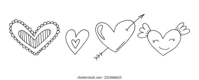 Gran conjunto de adorables elementos de doodle dibujados a mano sobre el amor. Etiquetas de mensajes para aplicaciones. Iconos para el Día de San Valentín, eventos románticos y bodas. Corazones con rayas, textura, con alas y flechas de Cupidos.