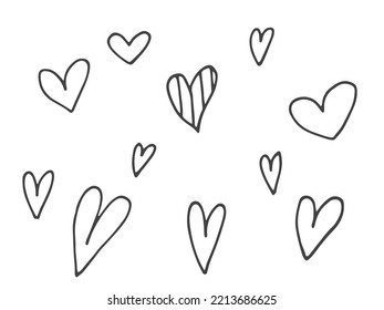 Big set of cute hand-drawn doodle elements about love. Message stickers for apps. Icons for Valentines Day, romantic events and wedding. Hearts with stripes and texture.