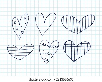 Big set of cute hand-drawn doodle elements about love. Message stickers for apps. Icons for Valentines Day, romantic events and wedding. A checkered notebook. Hearts with stripes and texture.