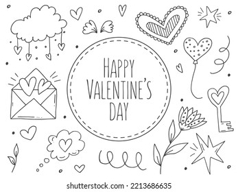 Big set of cute hand-drawn doodle elements about love. Message stickers for apps. Icons for Valentines Day, romantic events and wedding. 