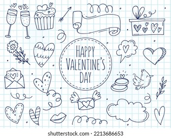 Big set of cute hand-drawn doodle elements about love. Message stickers for apps. Icons for Valentines Day, romantic events and wedding. A checkered notebook. 