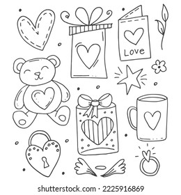 Big set of cute hand-drawn doodle elements about love. Message stickers for apps. Icons for Valentines Day, romantic events and wedding. 