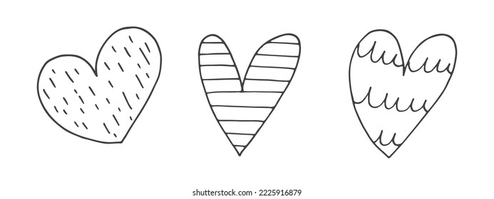 Big set of cute hand-drawn doodle elements about love. Message stickers for apps. Icons for Valentines Day, romantic events and wedding. Hearts with stripes and texture.