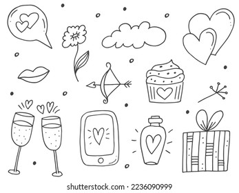 Big set of cute hand-drawn doodle elements about love. Message stickers for apps. Icons for Valentines Day, romantic events and wedding.