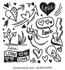 Big set of cute hand-drawn doodle elements about love. Message stickers for apps. Icons for Valentines Day, romantic events and wedding. 