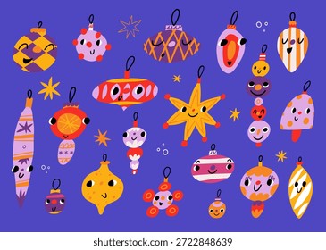 Grande conjunto de bonitos desenhos animados pendurados brinquedos de árvore Xmas. Decorações de Natal com ornamentos e rostos. Formas diferentes coloridas de bolas de Natal. Feriados de inverno coleção de decoração tradicional.