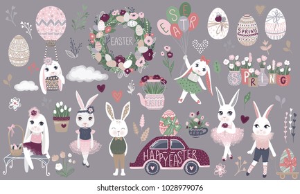 Big Set of cute Happy Easter cartoon characters and design elements. Bunnies, Easter eggs, flowers, hearts. Spring illustration. Funny fashion rabbit.   