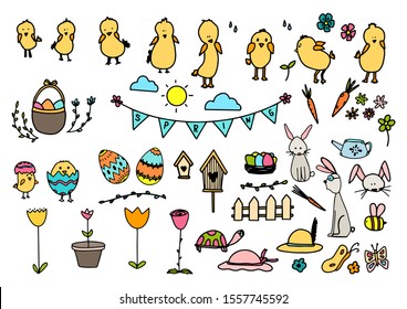 Big Set of cute Happy Easter cartoon characters and design elements isolated on white background. Bunnies, Easter eggs, flowers. Spring illustration. Funny chickens and rabbits.