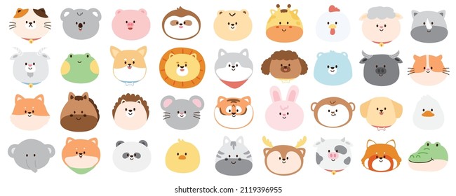 Big set of cute head animals on white background.Happy feeling face pet.Collection.Isolated.Kawaii.Kid cartoon graphic design.Fram.Wild.Vector.Illustration.