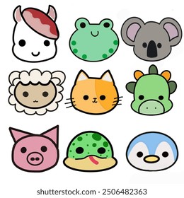 Big set of cute head animals on white background Happy feeling face pet Collection Isolated Kawaii Kid cartoon graphic design Fram Wild Vector Illustration 