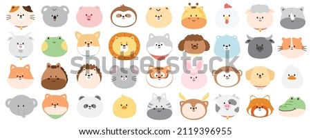 Big set of cute head animals on white background.Happy feeling face pet.Collection.Isolated.Kawaii.Kid cartoon graphic design.Fram.Wild.Vector.Illustration.