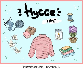 Big set of cute hygge sticker doodles. Scandinavian style