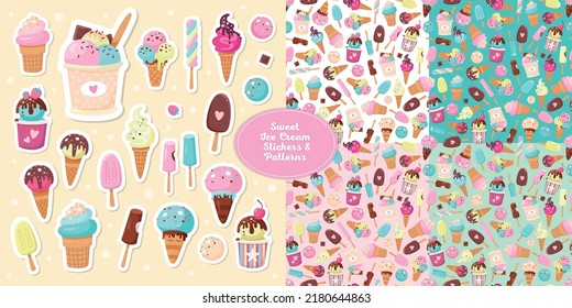 Big set of Cute Ice Cream Stickers and Patterns in pastel color. Collection of sweet summer assorted desserts. Cartoon style. Perfect for print, party decoration, apparel etc. 