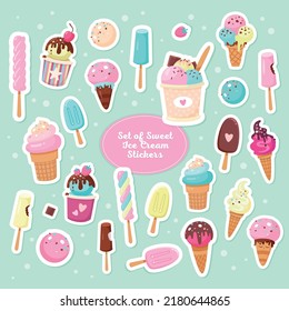 Big set of Cute Ice Cream Stickers in pastel color. Collection of sweet summer assorted desserts. Cartoon style. Perfect for print, party decoration, apparel etc. 