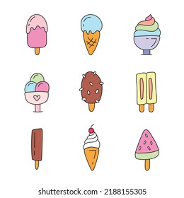 Big set of cute ice creams. Different types of ice cream in doodle style. Bright summer ice cream sketches. Design elements for stickers, prints, banners, menus, posters, cards.