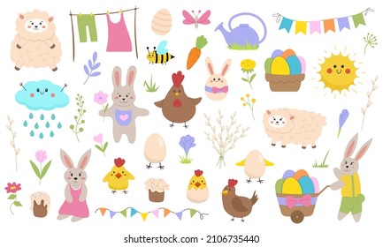 Big set of cute illustrations for Easter. Easter Bunny, eggs. Cute animals and flowers.