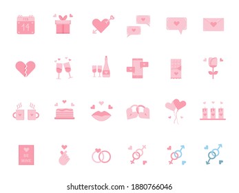 Big set of cute isolated icons in faded pink color. Happy Valentines day signs. Love line icons collection. Flat full color symbols for dating, wedding and romantic amour theme. Vector illustration.