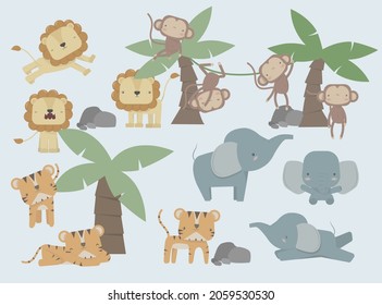 Big set of cute jungle animals with elephants, lions, tigers and monkeys in safari with palms. Funny animal characters. Kids, baby vector illustration on light blue background.