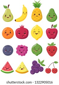 Big set of cute kawaii fruits and berries characters. Apple, pear, berry, orange emoji.  It can be used for sticker, patch, phone case, poster, t-shirt, mug and other design.