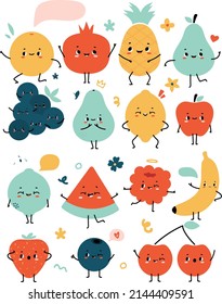 Big Set Of Cute Kawaii Fruits And Berries Characters With Face. Summer Sale Banner With Cartoon Doodle Funny Fruit And Berries. Organic Food Collection. Baby Clipart