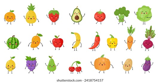 Big set of cute kawaii fruits vegetables and berries. Vector illustration of healthy food on white background.