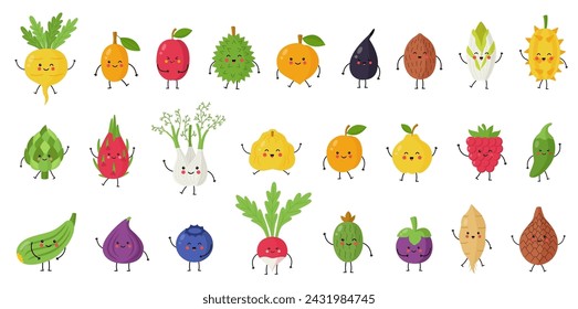 Gran conjunto de frutas, verduras y bayas kawaii lindos. Ilustración vectorial de comida saludable sobre fondo blanco.