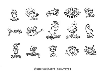 Big set of cute kids, children icons and logos, childhood elements