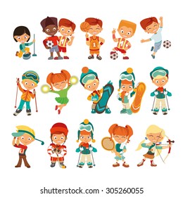 Big set of cute kids playing various sports. Little children icon set isolated on white background. Vector illustrations