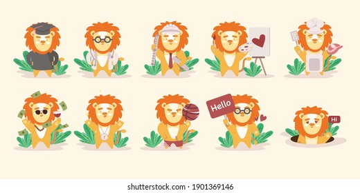Big set of cute lion animal character with various activities