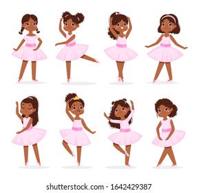 Big set of cute little African American ballerinas with various hairstyle in pink tutu dress. Ballet dancers in different poses, baby princess characters training in school class. Vector Illustration