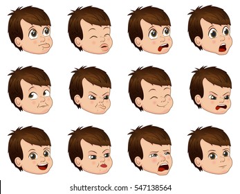 Big set of cute little boy faces showing different emotions vector illustration