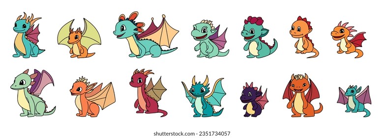 Gran conjunto de pequeños y lindos dragones. El dragón lindo aislado en el fondo blanco. Dibujar mano el dragón de contorno al estilo de doodle. Símbolo 2024 año. Ilustración vectorial. 