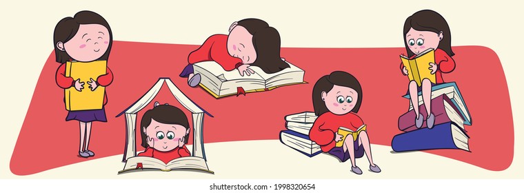 Big Set of Cute little girl, book lover enjoys reading big books and novels. Cartoon style Mega Set Bibliophile Illustration for Graphic Novels.