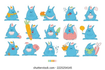 Big set of cute little rabbits. Rabbit in a Christmas hat, with a present, rabbit in a gift box, with a carrot,  sleeping, happy, angry. Vector illustration sticker doodle isolated on white background