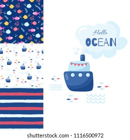 Big set of cute marine elements for cards and stickers. Sea cartoon patterns. For anniversary, birthday, party invitations, scrapbooking, T-shirt, cards. Vector illustration