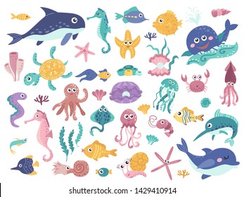 Big set of cute marine inhabitants. Colorful vector illustration collection