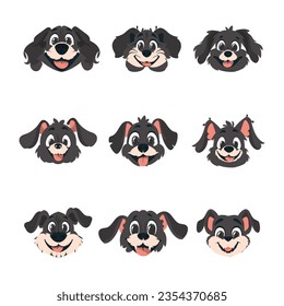 Big set of cute mongrel muzzles. Faces of dogs set. Cartoon style, vector illustration