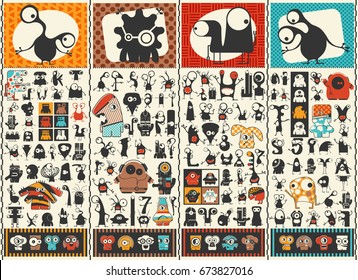 Big set of Cute monsters . Colorful characters stickers. Poster with funny humanoids. Cartoon illustration for different use. 