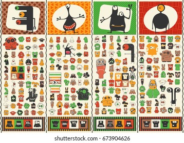 Big set of Cute monsters . Colorful characters stickers. Poster with funny humanoids. Cartoon illustration for different use. 