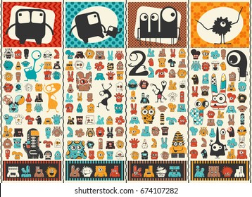 Big set of Cute monsters . Colorful characters stickers. Poster with funny humanoids. Cartoon illustration for different use. 