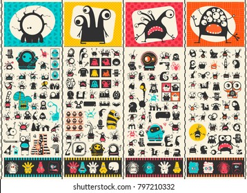 Big set of Cute monsters . Colorful characters stickers. Poster with funny humanoids. Cartoon illustration for different use.