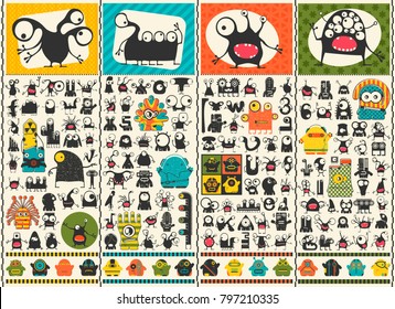 Big set of Cute monsters . Colorful characters stickers. Poster with funny humanoids. Cartoon illustration for different use.