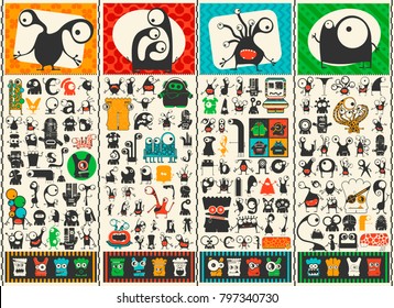 Big set of Cute monsters . Colorful characters stickers. Poster with funny humanoids. Cartoon illustration for different use.