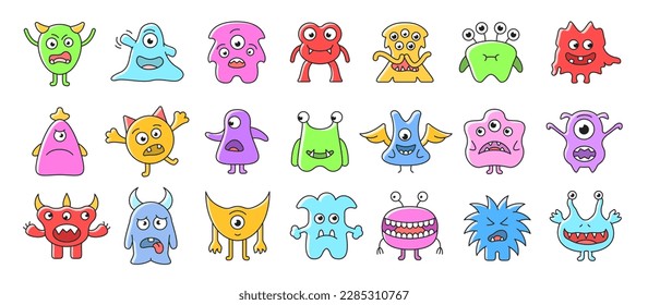 Big set of cute monsters icons. Stickers with mutants, demons and aliens with sharp teeth, tongues and eyes. Funny scary baby creatures. Cartoon flat vector collection isolated on white background