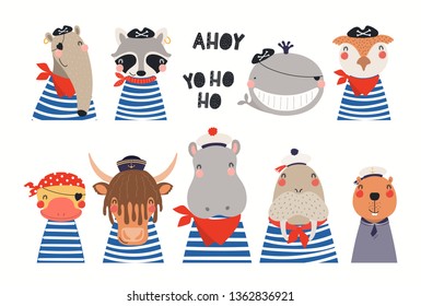 Big set of cute nautical animals in sailors, pirates costumes. Isolated objects on white background. Hand drawn vector illustration. Scandinavian style flat design. Concept for children print.